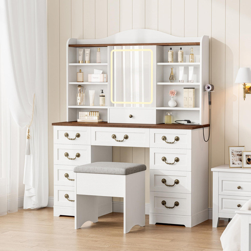 Makeup Vanity Desk with Mirror and Lights, Vanity Desk with 10 Drawers and 10 Storage Shelves, Vanity Table with Chair, 3 Colors Light Makeup Desk with Power Outlet for Bedroom Powder Room