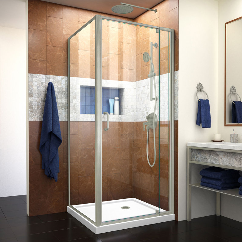 Flex 32" x 74.75" Square Pivot Shower Enclosure with Base Included, Brushed Nickel, White