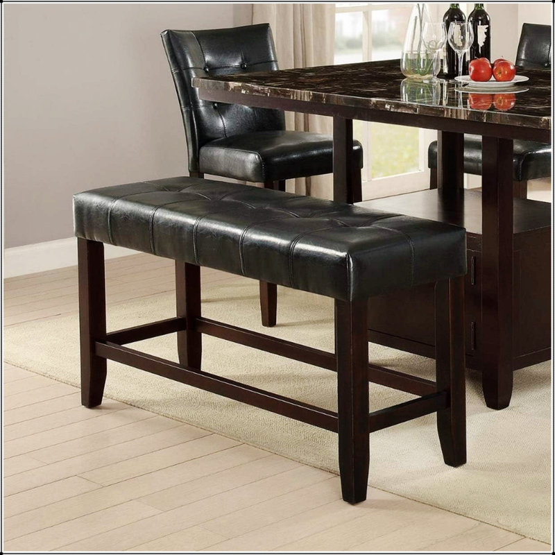 Counter Height 1pc Bench Dining Room  Faux Leather Cushion Tufted Seat Wooden Base Comfort Seat Kitchen Dining, Black/Brown