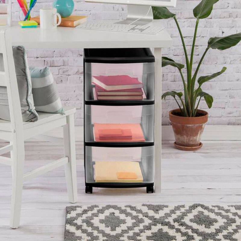 Sterilite 3 Drawer Storage Cart, Plastic Rolling Cart with Wheels to Organize Clothes in Bedroom, Closet, Black, 6 Pack