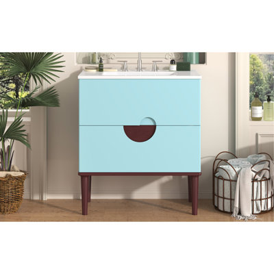 Ensemble de meuble-lavabo 30 po avec lavabo en céramique, armoire de rangement moderne avec 2 tiroirs, cadre en bois massif, bleu