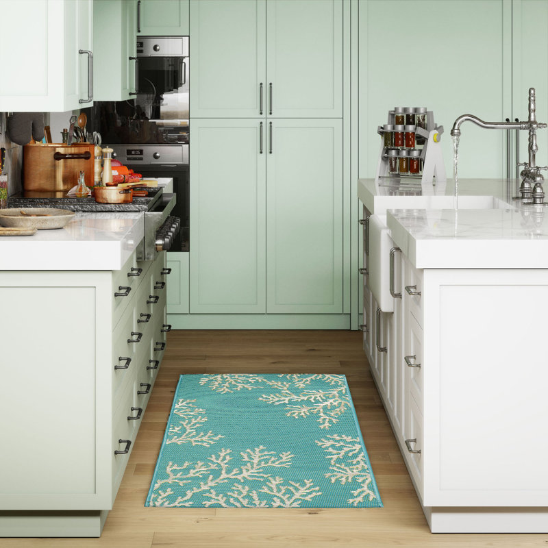 Thomasina No Pattern And Not Solid Color Synthetic Non-Skid Kitchen Mat, Rectangle 2'5" x 3'11", Aqua