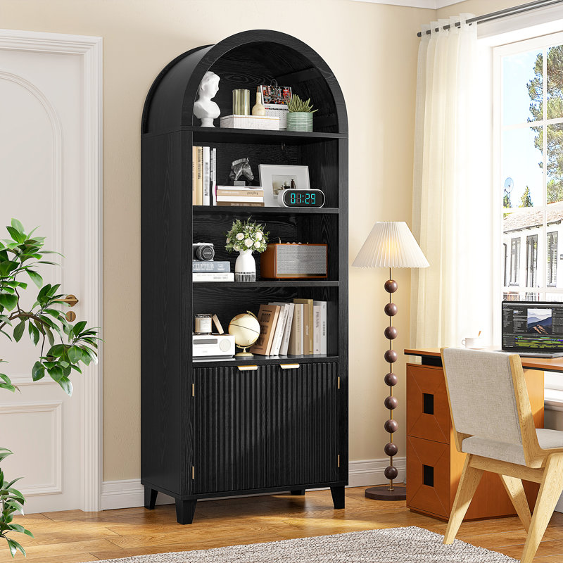 Storage Bookcase/arched Cabinet With Fluted Doors & Adjustable Shelves – Entryway, Living Room, Black