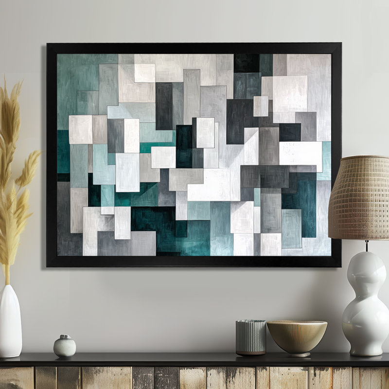 Gris et vert, cubisme, miroir, art mural abstrait cubisme, H 12 po x l 20 po, Noir