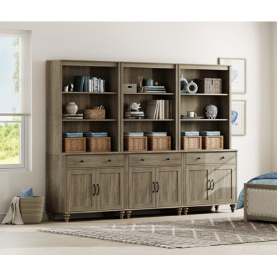 Bibliothèque à 3 niveaux H 72,1 "x l 101,6" avec portes et tiroir, ensemble de 3 bibliothèques de style maison de campagne pour le salon, la chambre et le bureau, gris délavé