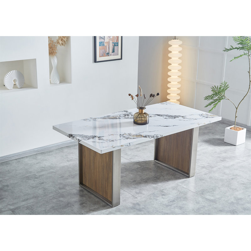 Iniyan MDF Dinning Table For 6 Or 8,Rectangular 70.8"L*35.4"W*29.8"H, Luxurious Rocky Stone Effect Top Stainless Steel Legs Modern, Durable, Easy To Assemble For Kitchen/Living Room/Meeting