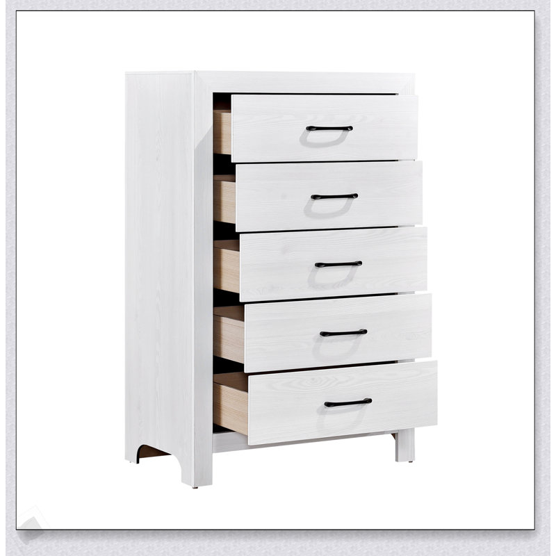 Commode de rangement blanche à 5 tiroirs avec quincaillerie noire, aucun assemblage requis, parfaite pour les chambres modernes