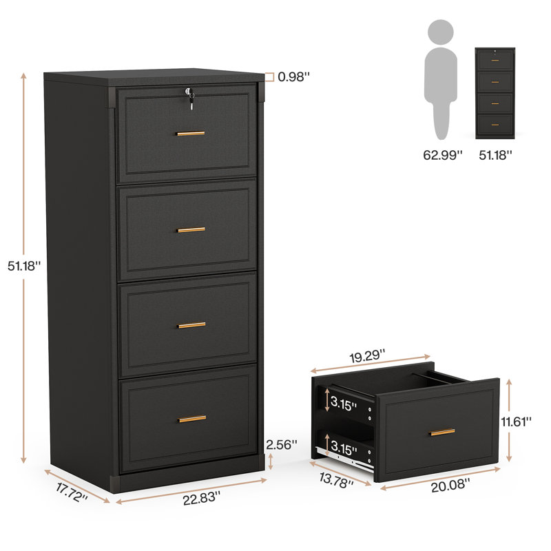 4-drawer File Cabinet, Vertical Filing Cabinet With Lock, Wood File Cabinet For Home Office, Black