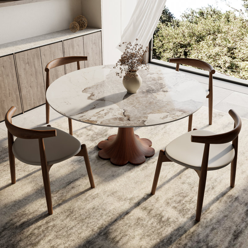 Round Stone Top Solid Wood Base Dining Table Circle Kitchen Dinner Table For 4-10, Brown, Sand, 29.52”H x 59.05”L x 59.05”W
