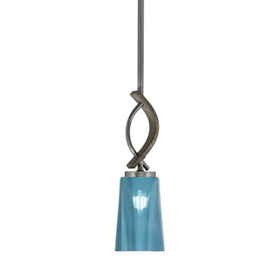 Suspension Monterey Stem Mini offerte en graphite et métal peint à l'aspect bois vieilli, avec verre dégradé bleu de 11,4 cm de large sur 16,5 cm de haut.