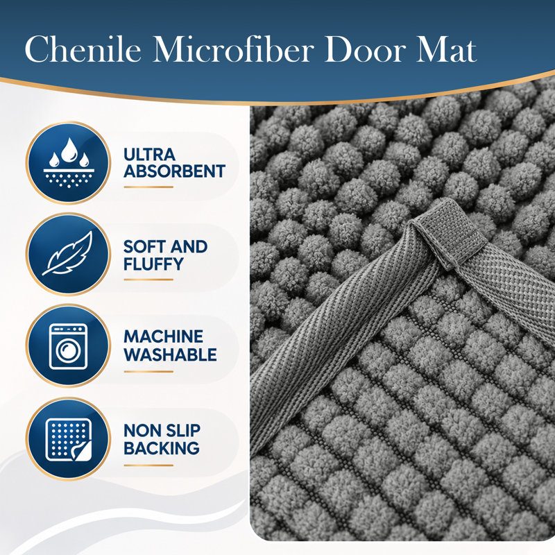 Luxury 100% Microfiber Chenille Door Mat - Soft, Absorbent And Non-Slip Floor Mat, Grey, 40 cm x 60 cm