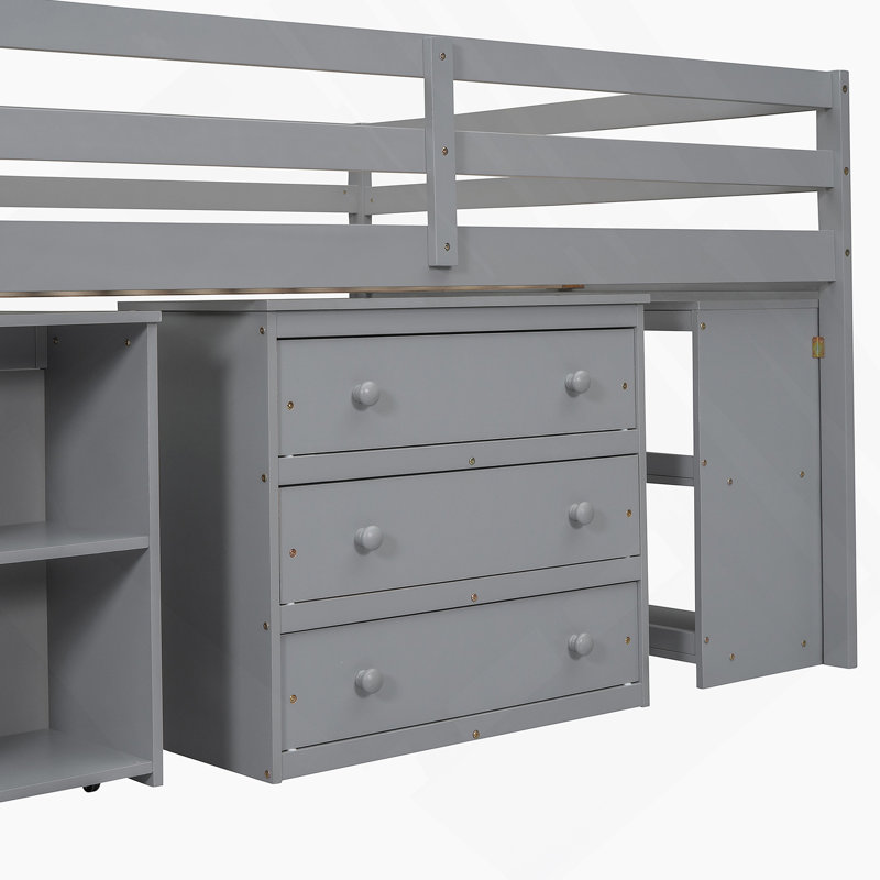 Lit mezzanine avec bureau d'écriture rétractable et tiroirs, Gris