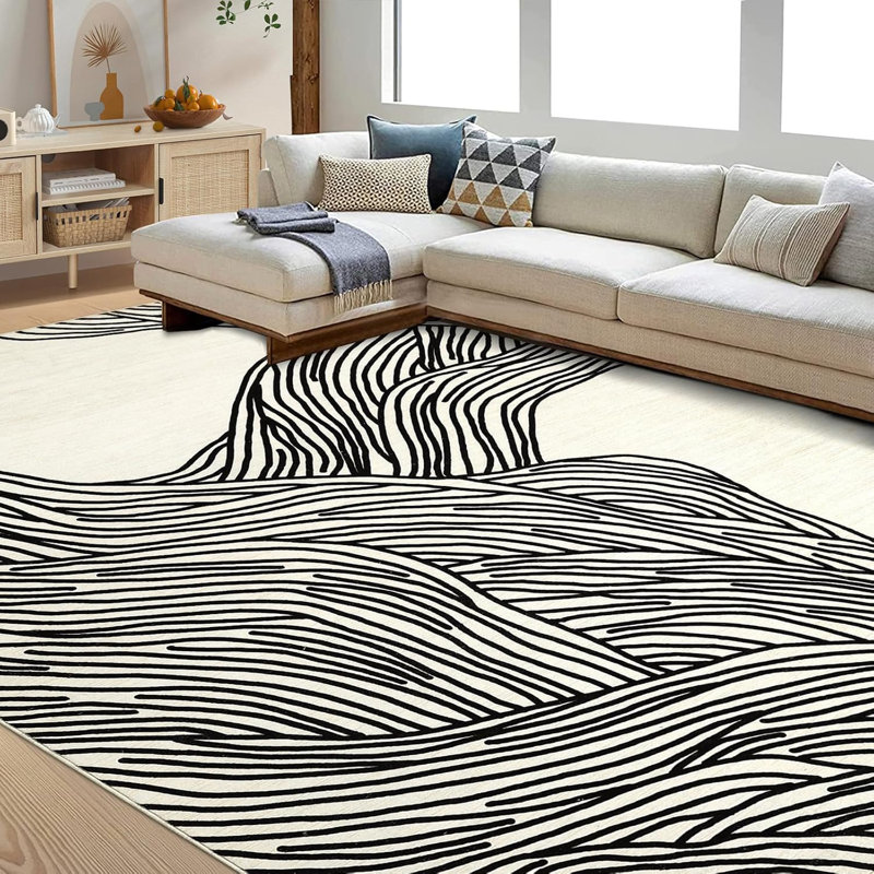 Tapis de couloir moelleux - 350 g / m² en fausse laine d'agneau, lavable à la machine, antidérapant, motif de nage moderne pour le vestibule, cuisine (noir et blanc)