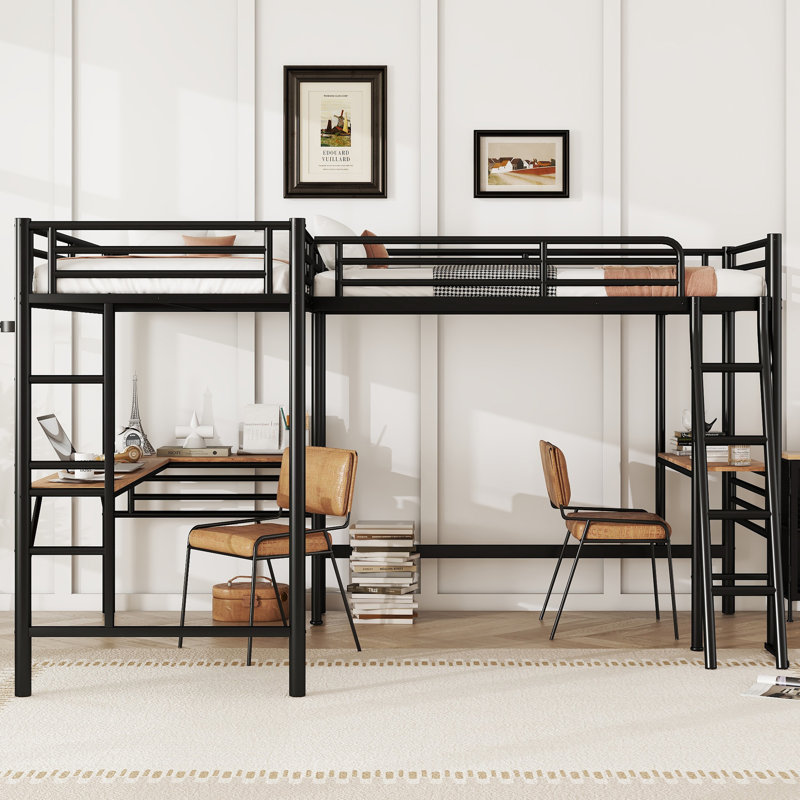 Twin Size L-Shaped Metal Loft Bed with 2 Built-in Desks, Space-Saving Modern Bunk Bed for Kids Teens