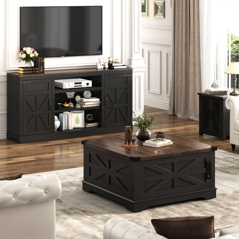 Collings Media Console and TV Stand for TVs up to 75", 33.5”H x 66”L x 15”W, Black/Brown