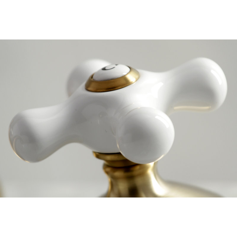 Kingston Brass Heritage Two-Handle 3-Hole Deck Mount Widespread Bathroom Faucet with Brass Pop-Up Drain, Satin Brass