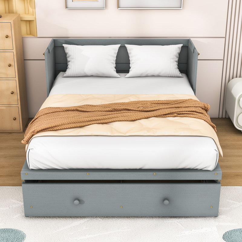 Lit escamotable polyvalent avec port USB intégré et tiroir de rangement spacieux, Gris, Double
