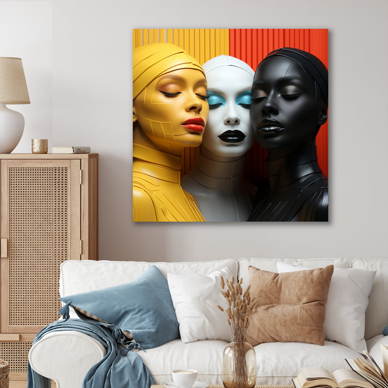 Trois déesses de l'unité universelle sur toile, Cadre simple blanc, H 36 po x l 36 po x P 1,5 po