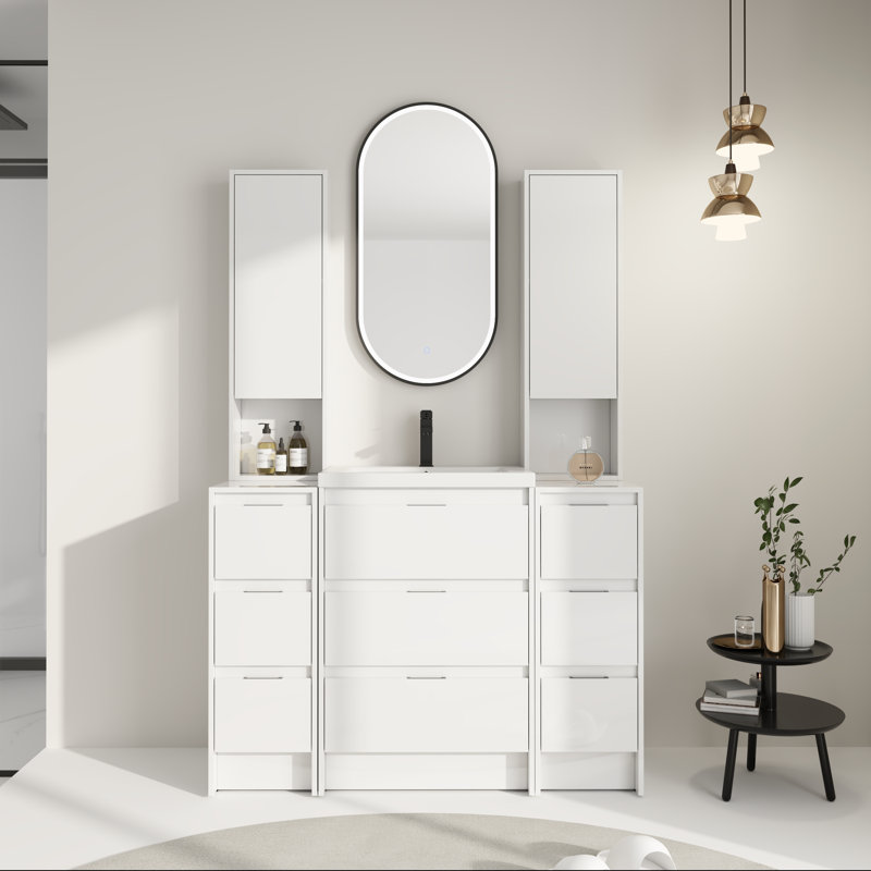 Meuble-lavabo moderne 48 po avec lavabo en résine et grand rangement à 9 tiroirs