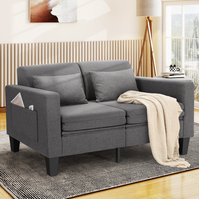 Canapé-lit convertible W-6-en-1 de 58,27 po Zhania, canapés-lits avec causeuse avec lit escamotable, dossier amovible, poches de rangement et 2 coussins, futon moderne en lin pliable pour petits espaces