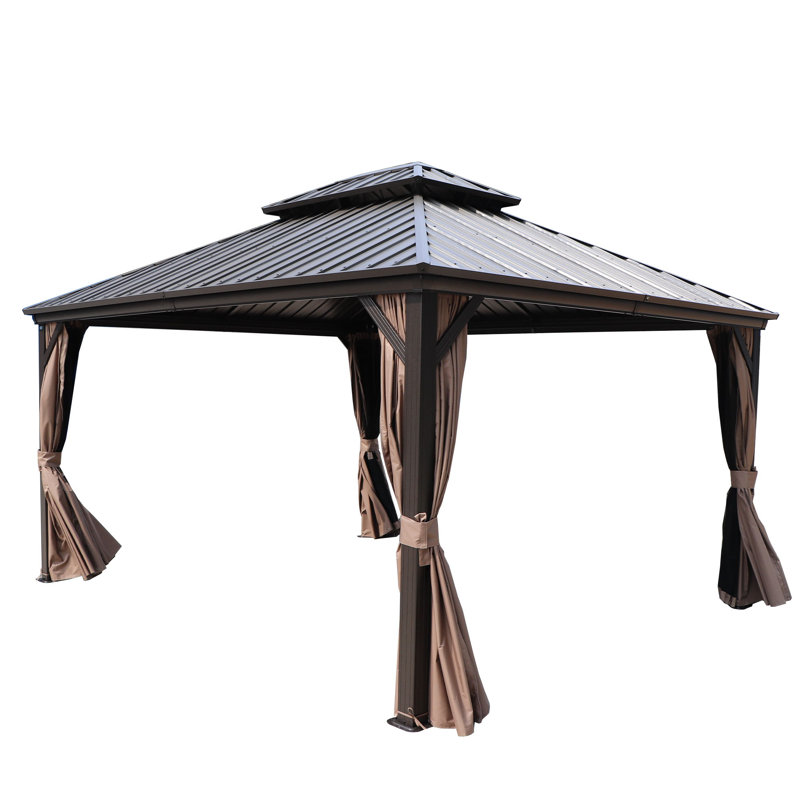 Caesar 12x14 Dark Brown Aluminum Permanent Gazebo with Netting and Curtains