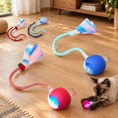 2-Piece Red and Blue Smart Ball Set for Cats and Dogs, Designed for Indoor Exercise and Boredom Relief with 360° Automatic Rolling Chase Action and 2 Rapid-Action Tails