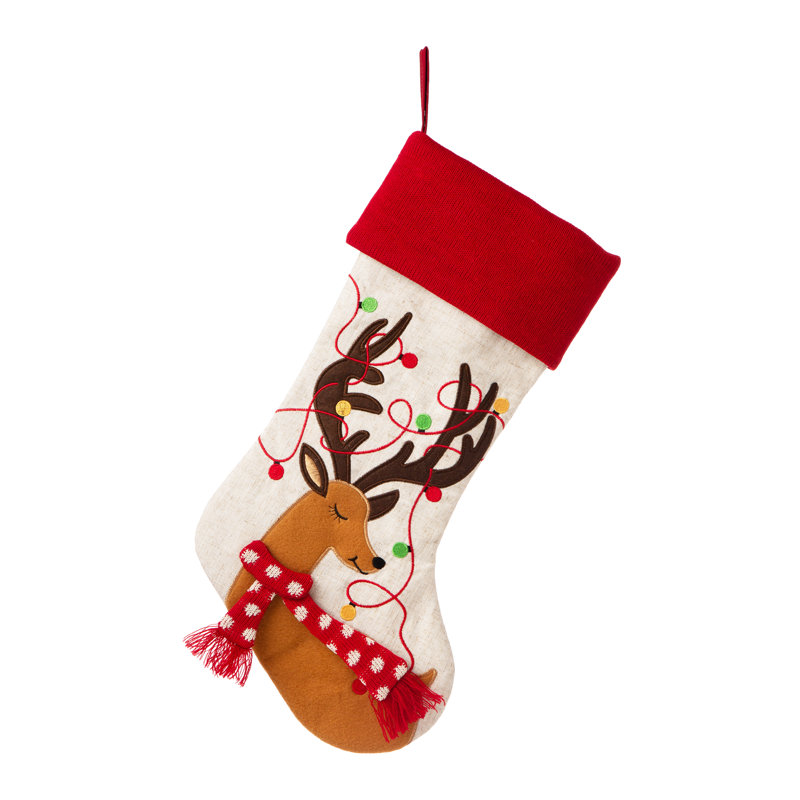 Chaussette de Noël 21 po en lin brodé à DEL - Renne