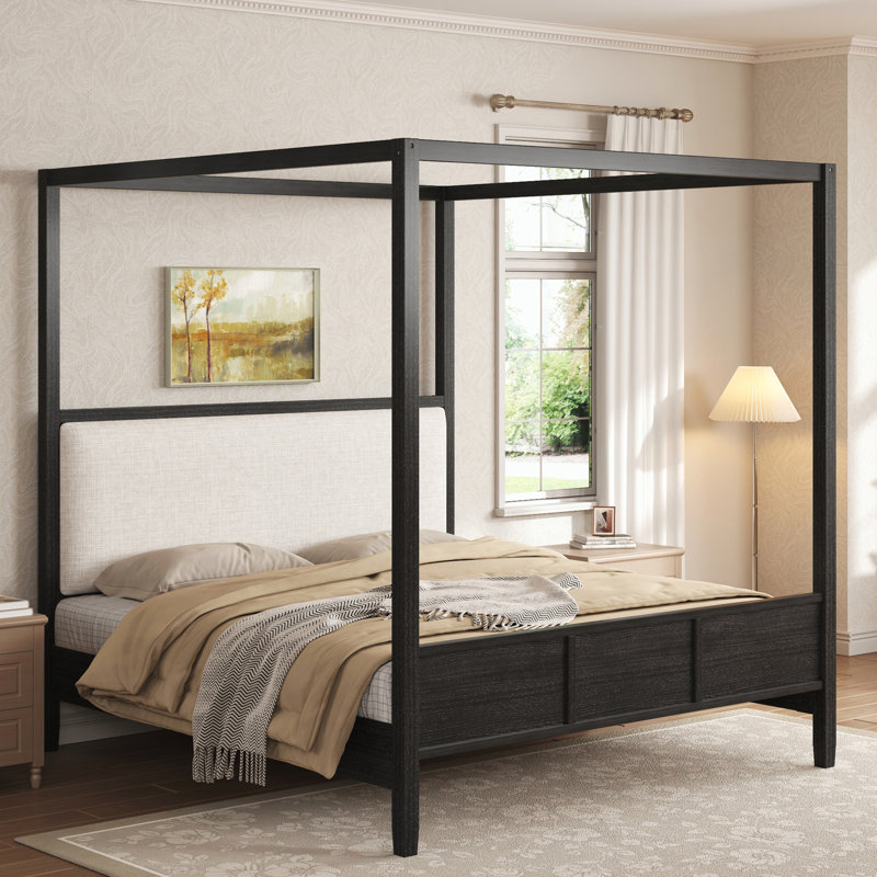 Grand lit plateforme à baldaquin en bois avec tête de lit tapissier, Black, Queen