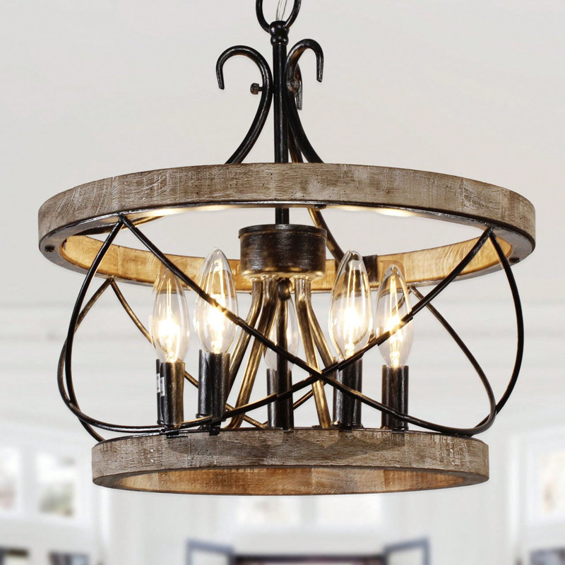 Muradif Gracie Oaks Farmhouse Drum Dining Room Wood Chandelier, 5-Light Kitchen Island Light Fixture for Entryway