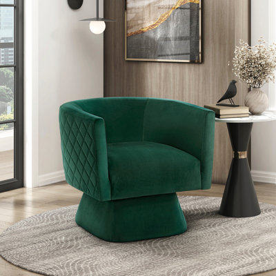Fauteuil pivotant en tissu de velours vert revêtu de tissu d'ameublement en bois massif avec motif à losanges et dossier rembourré