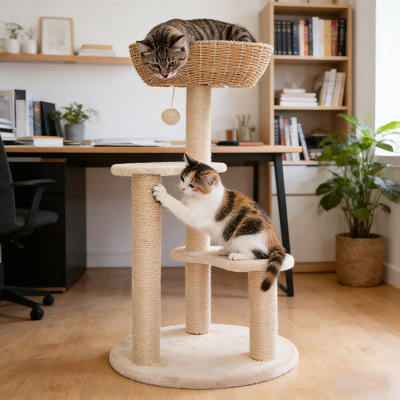 Handwoven Cat Tree Tower With Sisal Scratching Posts & Cozy Perch Basket