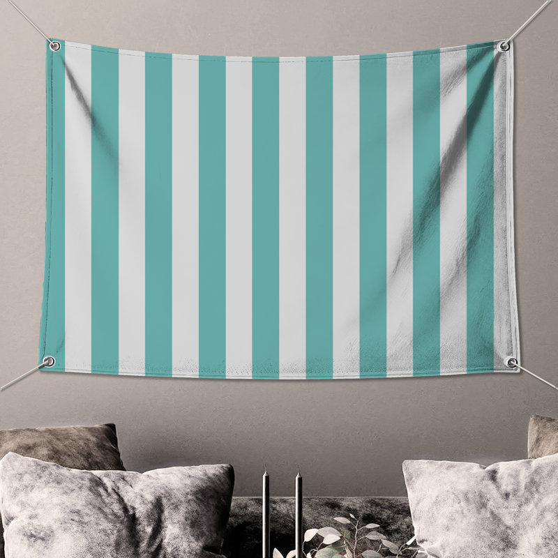 Turquoise Vertical Stripes Wall Tapestry - Striped Wall Decor, H 104 po x 88 avec 4 œillets