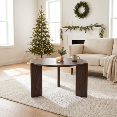 Claremont 30in Round Solid Wood Coffee Table Chunky 3-Leg Mid-Century Modern Circle Tea Table
