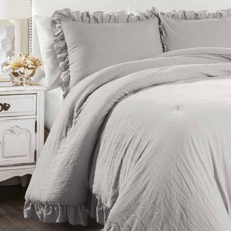 Reyna Microfiber 3 Piece Comforter Set, Full/Queen Comforter + 2 Standard Shams, Light Gray