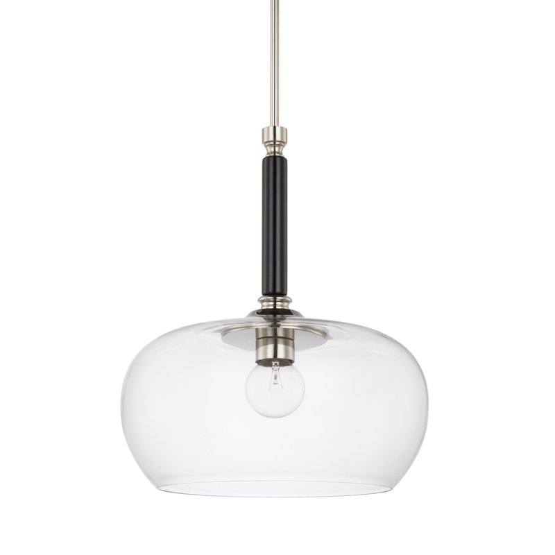 Luminaire suspendu en dome à 1 lumière, Tige noire matte et nickel brossé