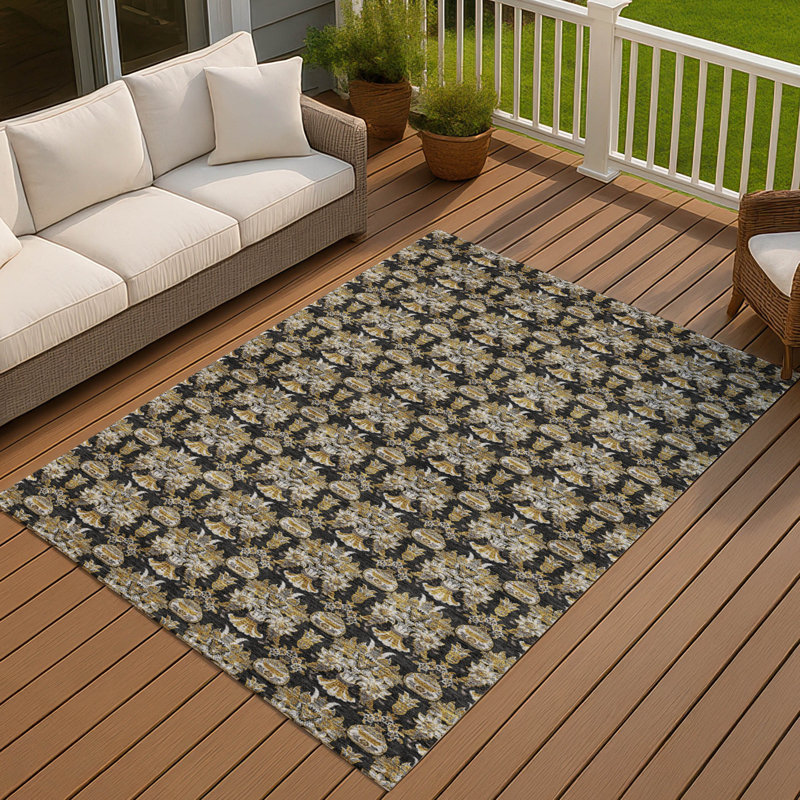 Machine Washable Indoor/Outdoor Chantille ACN2682 Floral Rug, 3' x 5', Black