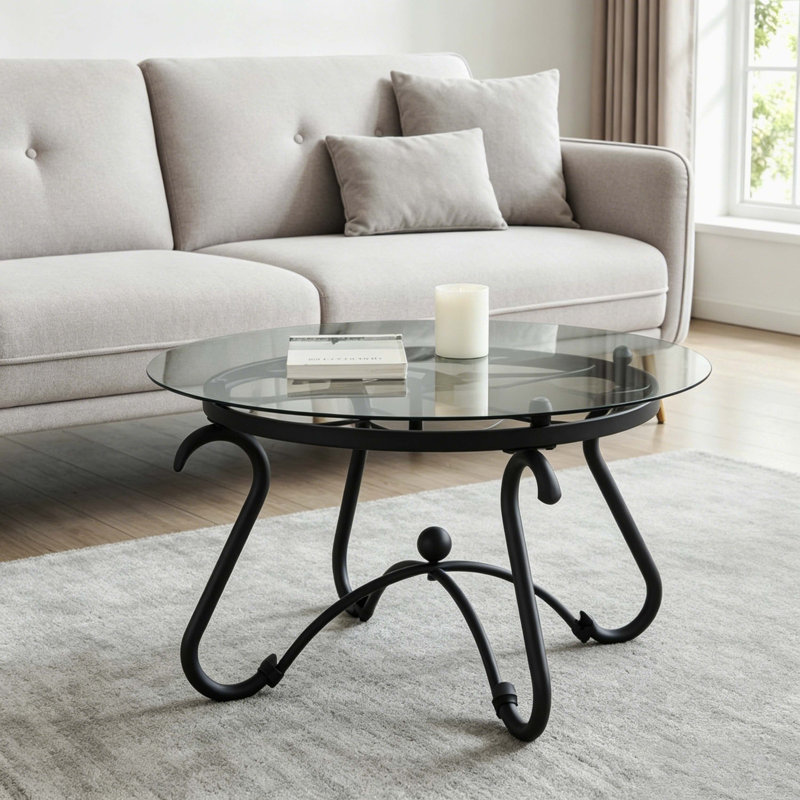 Ensemble de 2 tables basses et tables de bout rondes, plateau en verre trempé avec cadre en métal noir rustique, ensemble de tables d'appoint de salon moderne
