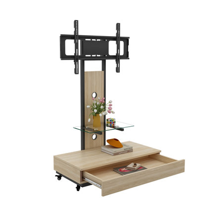 TV Stand With Push-Pull Drawer For Living Room, Bedroom,Offices,Mobile TV Cart For 32-75 Inches,Wood &Glass TV Stand,Floor Stand With Mount On Lockable Wheels,Natural