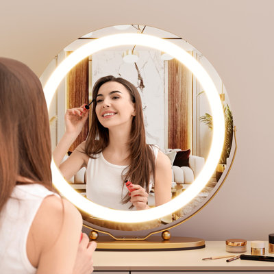 Vanity Mirror with Lights, LED Makeup Mirror with Lights, Large Lighted Makeup Mirror, Touch Screen, 3-Color Dimmable Desk Mirror for Bedroom, Vanity Desk, Tabletop, Dressing Room