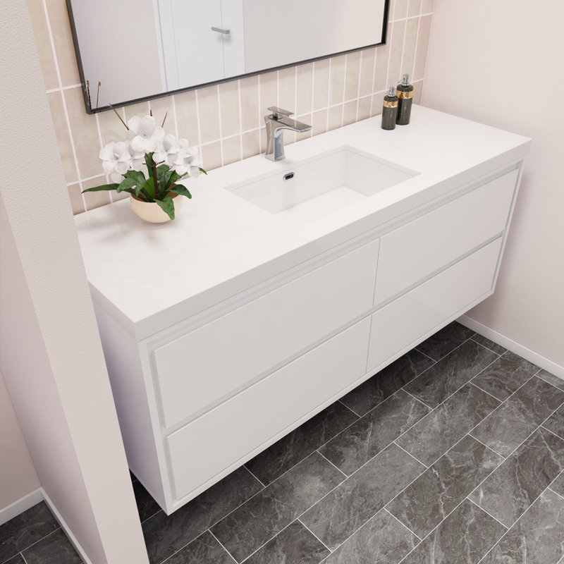 Azden 60" Wall-Mounted Single Bathroom Vanity Set, High Gloss White
