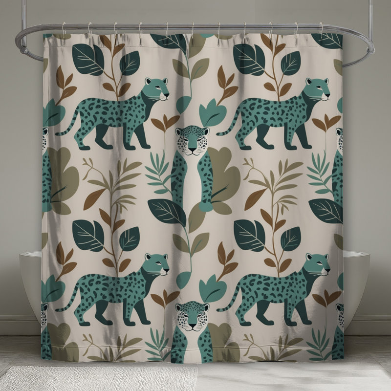 Rideaux de douche sarcelle léopard avec feuilles extra long, L 70 po x H 93 po