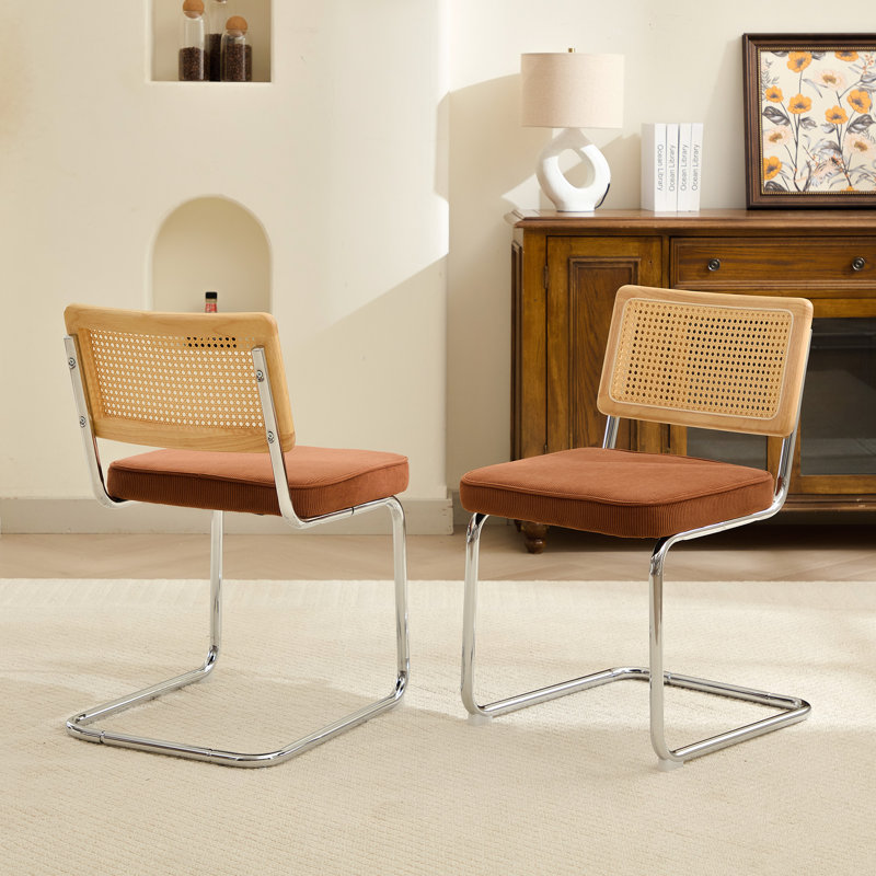 Side Chair Dining Chairs With Cane Rattan Back, Corduroy Fabric Brownie Brown, 2