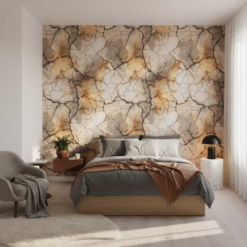 Papier peint marbré, décoration murale beige craquelée