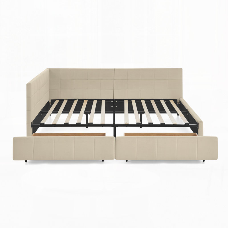 Structure de lit capitonnée avec rangement, dossier de canapé avec dossier confortable et accoudoirs, Beige, Full