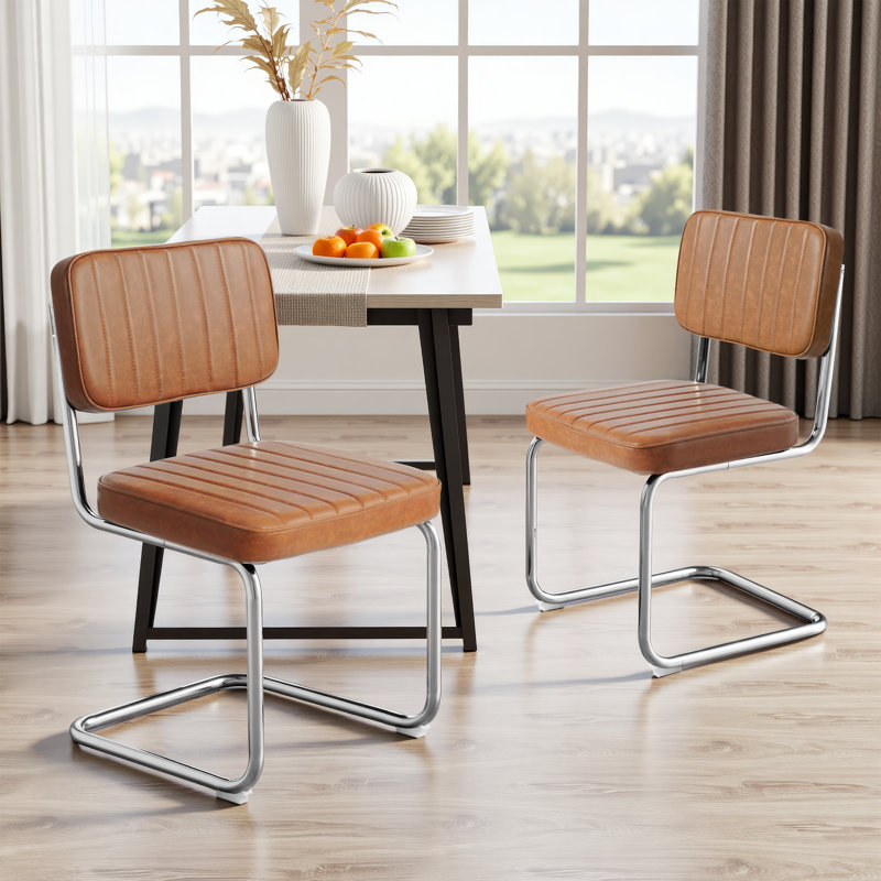 Faux Leather Dining Chairs Set of 2, Mid-Century Modern Upholstered Armless Chairs with Metal Legs for Home Kitchen Dining Room, Brown