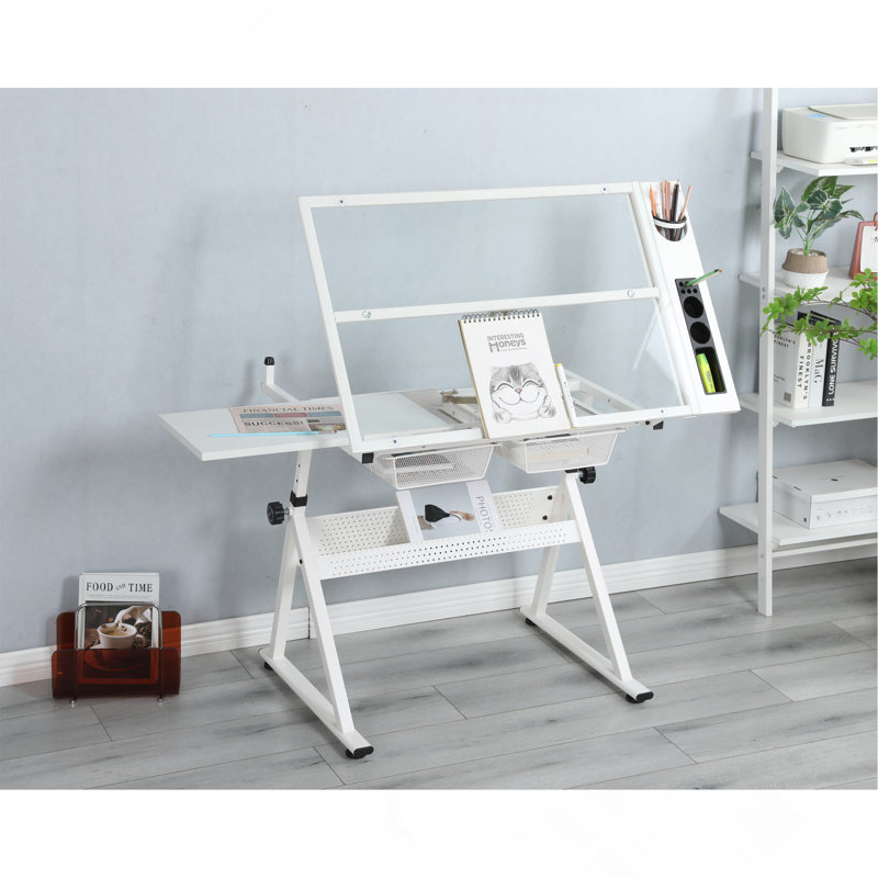 Table à dessin réglable en verre trempé avec chaise, Blanc