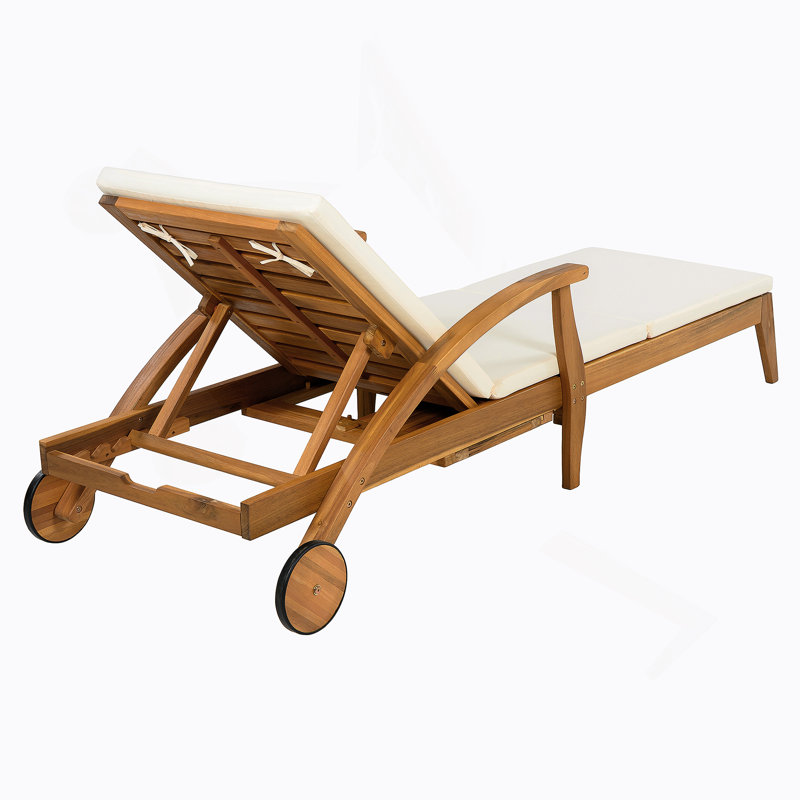 Outdoor Recliner Side Table Set - Comes With 2 Inch Cushion And Adjustable Backrest Chaise Lounge With Wheel & Foldable And Adjustable Acacia Wood Side Table For Poolside Porch