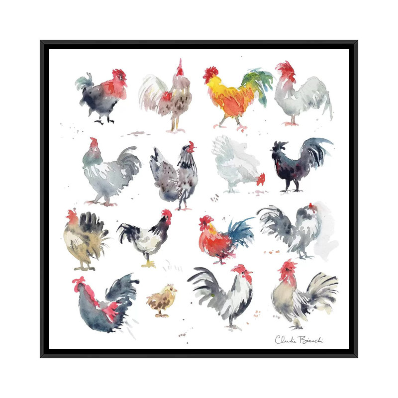 Mini Chickens by Claudia Bianchi - Painting, No Matte, 37" H x 37" W x 1.5" D, Black Framed