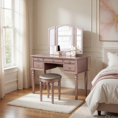 Ensemble de coiffeuse 3 pièces avec tabouret rembourré Enay, miroir, 5 tiroirs, or rose