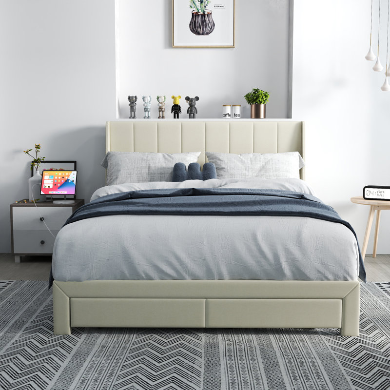 Upholstered Bed Frame with USB Ports, Type-C Port Charging Station, and Storage Drawers for Bedrooms, Hotels, and Apartments